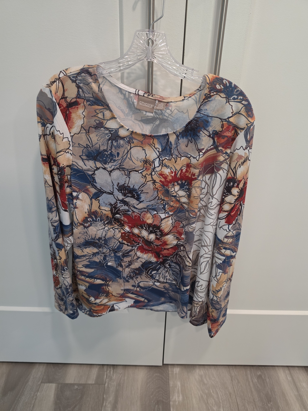 Chico's Floral Long Sleeve Scoop Neck Top - Blue, Red, Cream, Tan